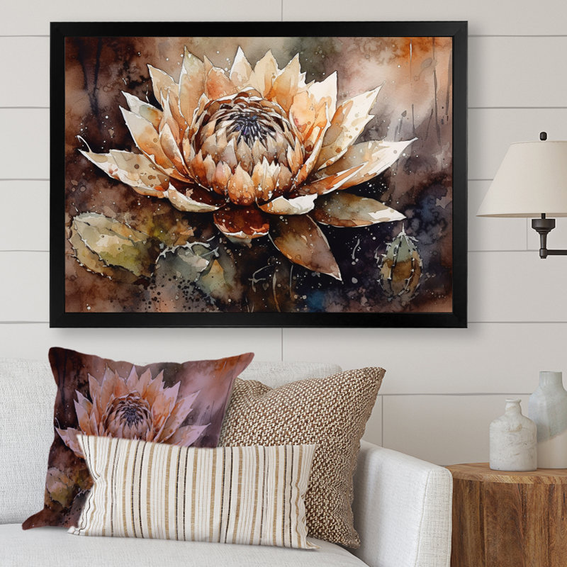 «Roverta Brown Green Cactus Flower I», reproduction sur toile, Cadre photo noir, H 24 po x l 32 po x P 1 po