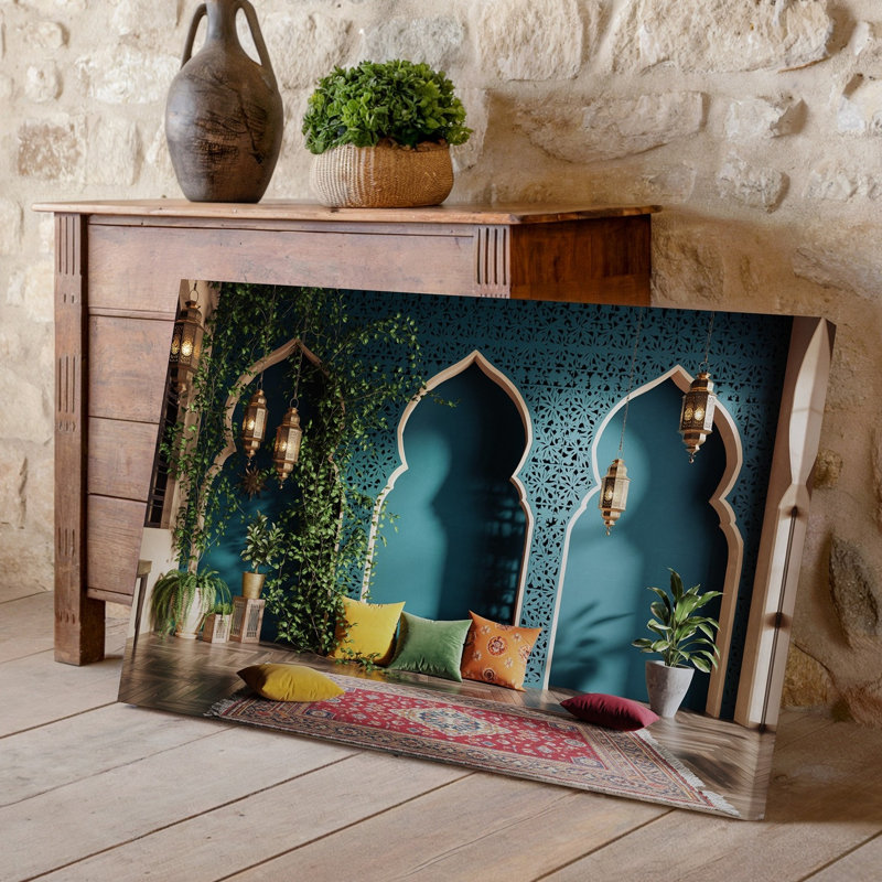 Toile, scène intérieure marocaine vibrante avec un fond d'art mural richement décoré avec des arches complexes et un art mural sur toile luxuriante