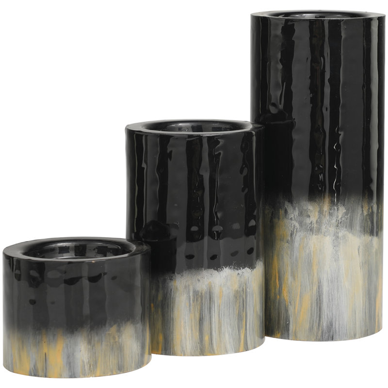 Metal Color block Decorative Candle Holder, Polished Black/Gray