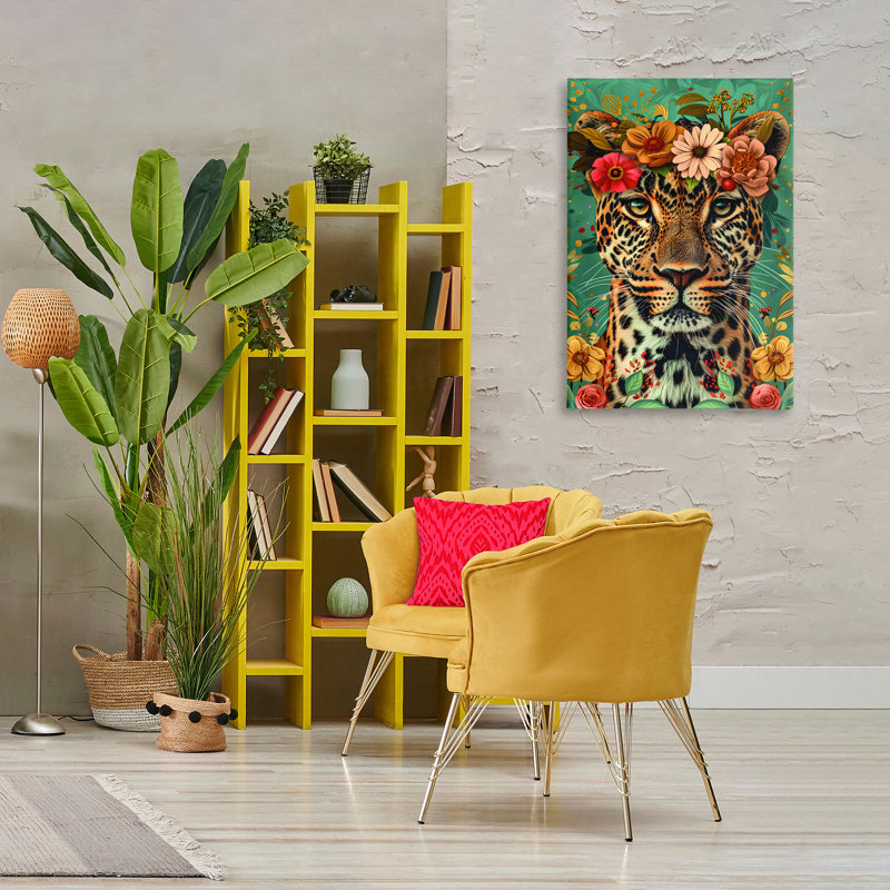 Art floral sur toile guépard couronné floral, design par LSR Design Studio, H 36 po x l 24 po