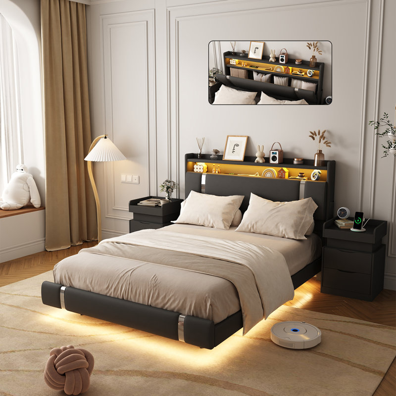 Komor Upholstered Storage Bed with Charging Station and LED Lights, Black, Queen