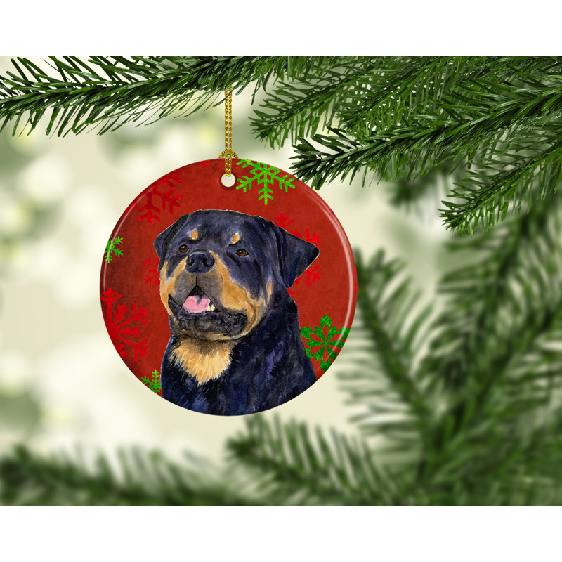 Ornement figurine suspendu en céramique de noël rottweiler flocons de noël