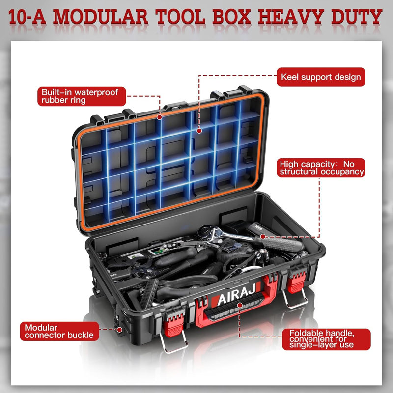 Organisateur de boîte à outils roulant robuste et empilable avec roues tout-terrain et poignée télescopique - Boîte à outils modulaire imperméable pour outils manuels et électriques