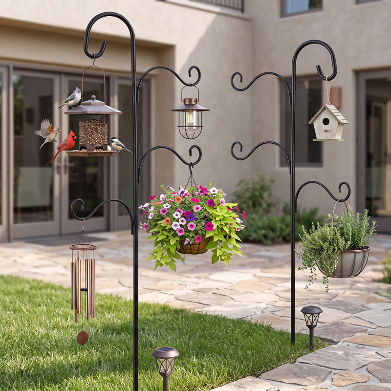 Crochets de berger multi-crochets de 193 cm (76 po) pour l'extérieur, support robuste pour mangeoire à oiseaux avec base à 5 branches, support de suspension en métal réglable pour jardin, mangeoires à oiseaux, paniers de fleurs, lanternes, carillons éoliens, noir