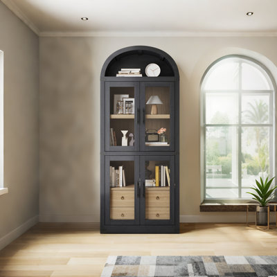 Arched Bookshelf with Doors and Drawers, 71.65” Tall Farmhouse Display Cabinet