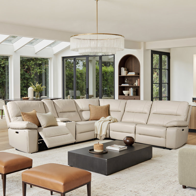 Canapé modulaire inclinable électrique en cuir véritable 6 pièces Aylinne, Cuir fleur crème, taupe, beige