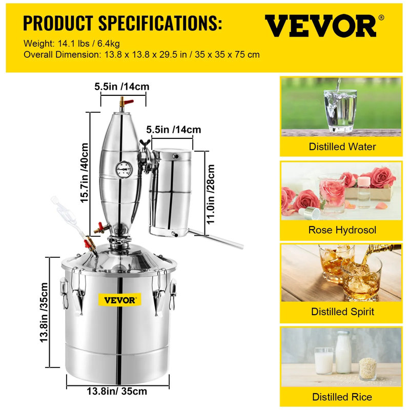 Distillateur à eau en acier inoxydable avec thermomètre, ensemble de brassage pour la maison VEVOR, 7,9 gallons