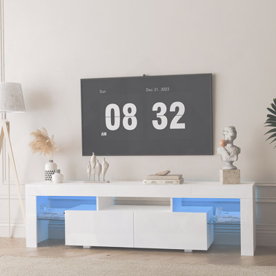 High gloss TV Stand with LED Lights for TVs up to 65'', Modern TV Console with Storage Cabinets for Living Room