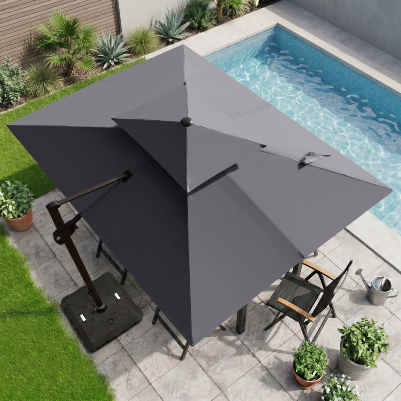 9 X 11 Ft Solar Led Light Rectangular Patio Cantilever Umbrella with Weighted Base, Dark Gray