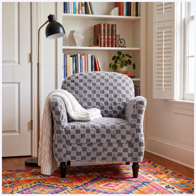 Fauteuil d'appoint à carreaux en velours côtelé, canapé simple rembourré en damier avec pieds en bois massif, fauteuil d'appoint rembourré confortable pour le salon et la chambre à coucher