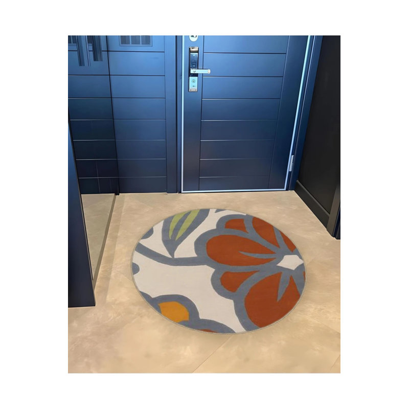 Multicolored Flower And Leaf Detailed Woven Base Modern Decorative Carpet, Round 3'4"