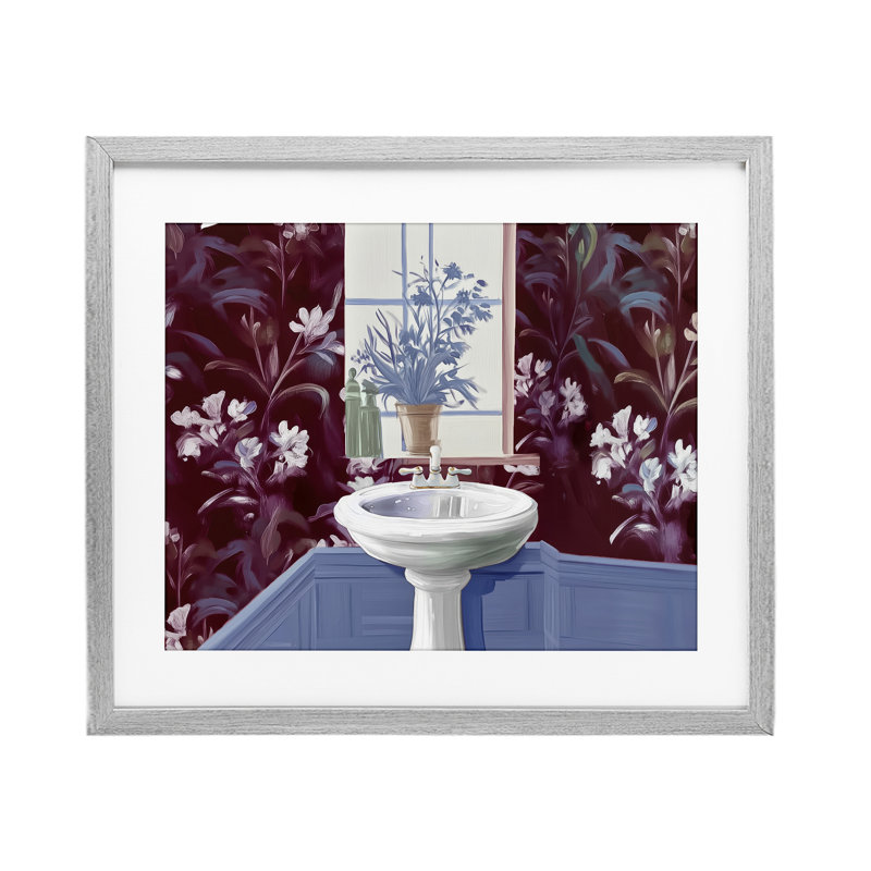 Lavabo de salle de bain, impression sous verre encadrée, design par Annabelle Hall, Cadre de ferme gris, H 17 po x l 21 po