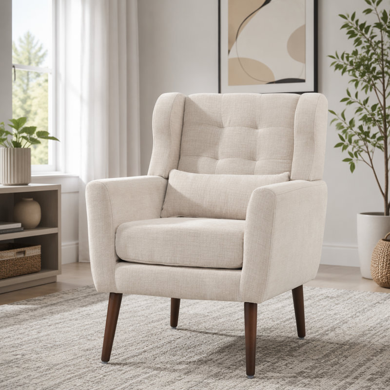 Chaise d'appoint en chenille beige moderne avec pieds en bois, Chenille beige