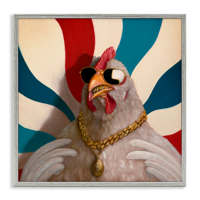 Poulet avec chaînes urbaines, estampe numérique encadrée par Lucia Heffernan, Estampe numérique Farmhouse, H 24 po x l 24 po