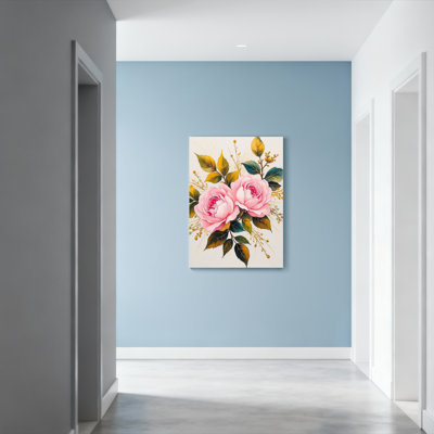 Pink Roses And Green Leaves Floral Canvas Wrapped Wall Art Oil Painting Print Set Of 1