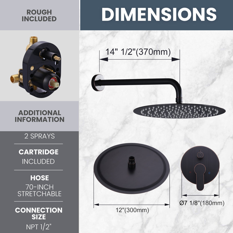 9-Spray Patterns With 1.8 Gpm 12 In. Wall Mount Shower System With Two Showerhead, Oil Rubbed Bronze