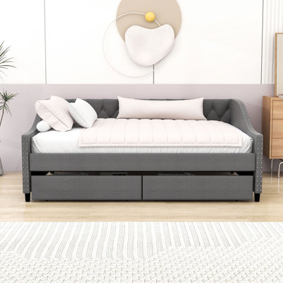 Full Size Upholstered Daybed with Tufted Backrest and Storage Drawers