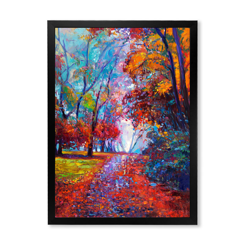 Petite route à travers le paysage d'automne rouge - peinture sur toile, H 20 po x l 12 po x P 1po, Cadre photo noir