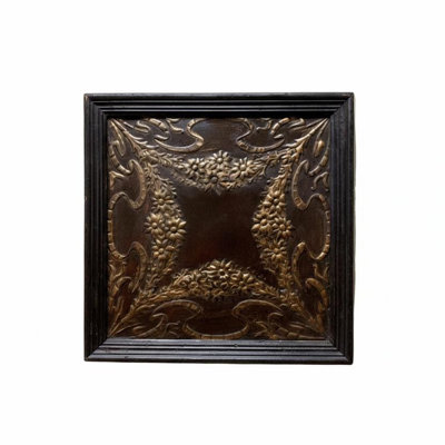 27" Square Vintage Gold Metal and Wood Framed Ceiling Tile Wall Art