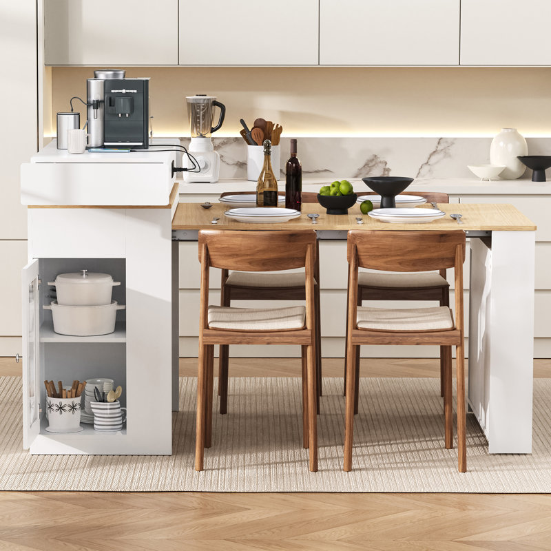  Tablette de rangement extensible pour îlot de cuisine sur roulettes, table de bar avec prises de courant, naturel et blanc