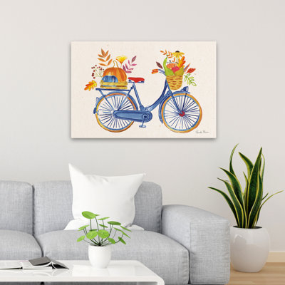 Automne récolte I bleu marine - pommes, paniers d'automne, art à bicyclette