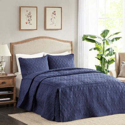Couvre-lit plissé 3 pièces bleu marine, format Queen - Doux, coutures apparentes, microfibre, textile résistant