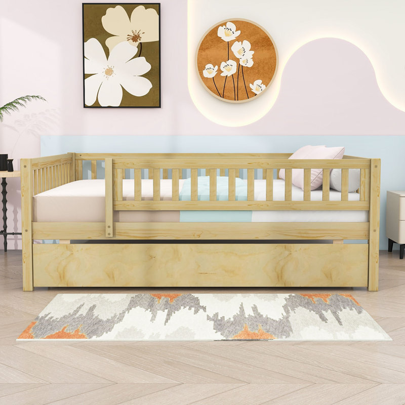 Wooden Daybed with Roll-Out Trundle and Safety Guardrails, Full / Double, Natural