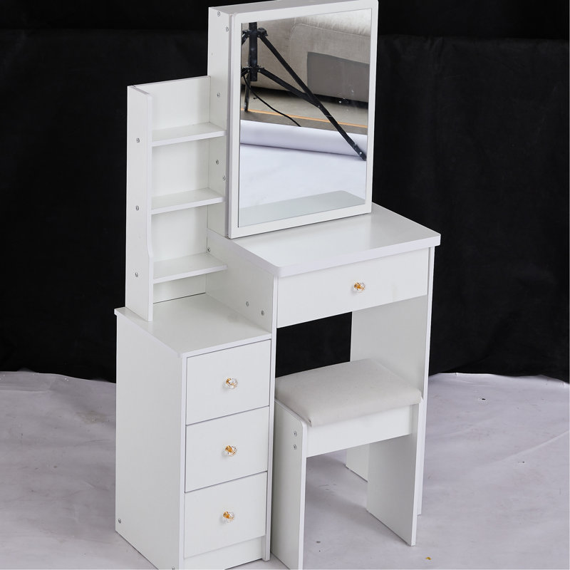 Compact Left Bedside Dresser Vanity, Includes Cushioned Stool & Extra Large Sliding Mirror, Multi-layer Storage, Elegant White For Areas Small Space- Cabinet Vanity Table, With Padded Big Fashionable