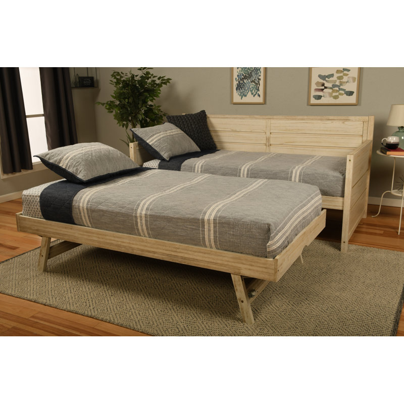 Alhamdi Solid Wood Pop Up Bed with Mattress, Rustic Walnut/Linen Stone
