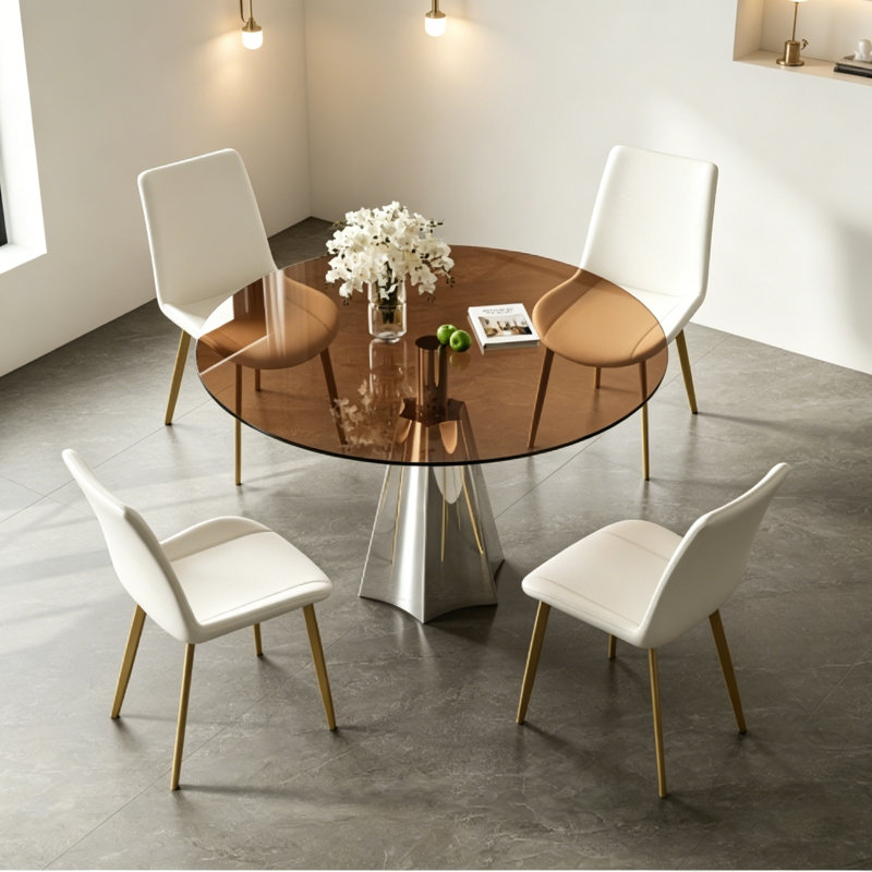 35" Mid-Century Modern Round Pedestal Dining Table, Smoked Tempered Glass Top & Silver Flared Base for Small Spaces