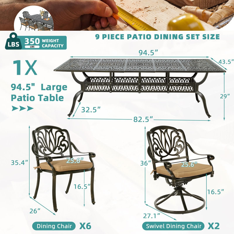 Meetwarm 9-Piece Outdoor Patio Dining Set, All Weather Cast Aluminum Patio Funiture Table And Chairs Set- 94.5" Rectangular Table And 2 Swivel Rocker Chairs, 6 Stationary, Umbrella Hole