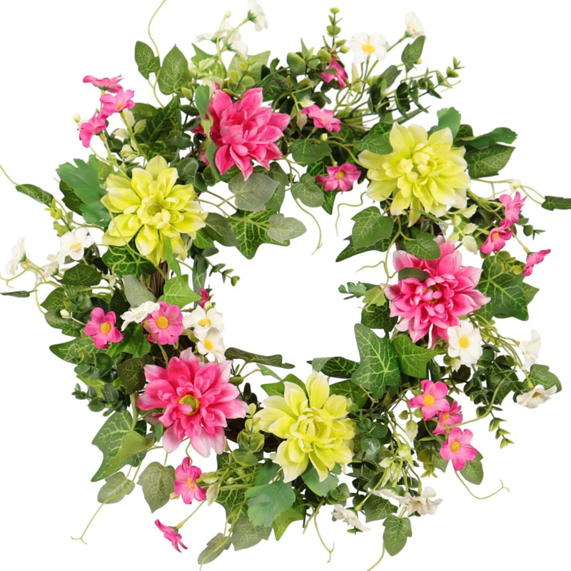 Décoration murale couronne de lierre artificielle 20 po, rose, jaune, blanc, vert, printemps, été, été, porte d'entrée toute l'année
