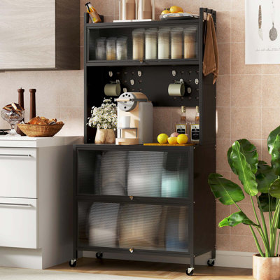 5 Tier Kitchen Bakers Rack Flip Door Cabinets Pegboard & Hooks