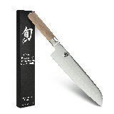 Shun Classic Blonde 8.5" Hollow Ground Santoku Knife, Handcrafted Japanese Cutting Knife, VG-MAX Core with Damascus Stainless Steel Cladding, Pakkawood Handle