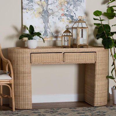 Baxton Studio Mimi Natural Rattan Checkered Console Table with Drawer