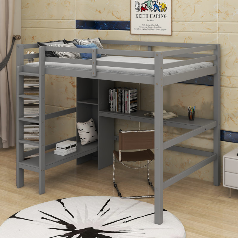 Full Size Loft Bed With Multifunction Shelves And Under-Bed Desk, Grey