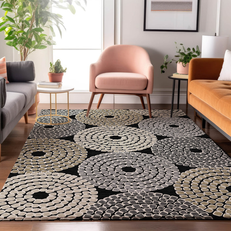 Premium Machine Washable Prisco Black Rug, Rectangle 3' x 5'