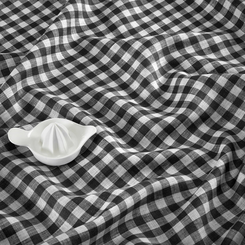 Gingham Check - 100% Pure Linen Table Throw, Black, Gingham