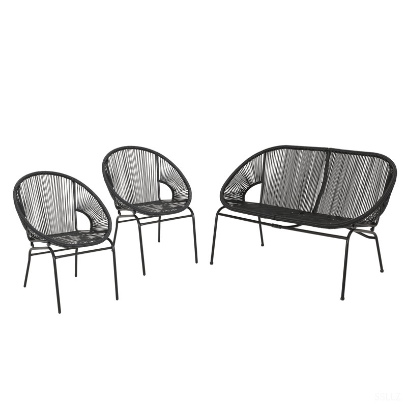 NUSA OUTDOOR PATIO FAUX WICKER METAL 3PCS CHAT SET, 2PCS CLUB CHAIRS AND 1PC LOVESEAT, Black