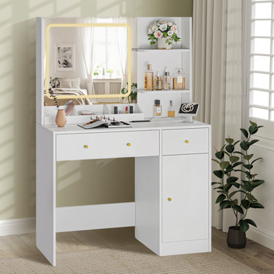 Modern White Makeup Vanity Set with LED Lighted Mirror, Built-In Charging Station and 3 Storage Compartments