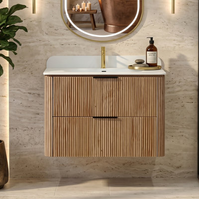 Meuble-lavabo suspendu de 76 cm (30 po) en bois naturel avec lavabo monobloc sans joint