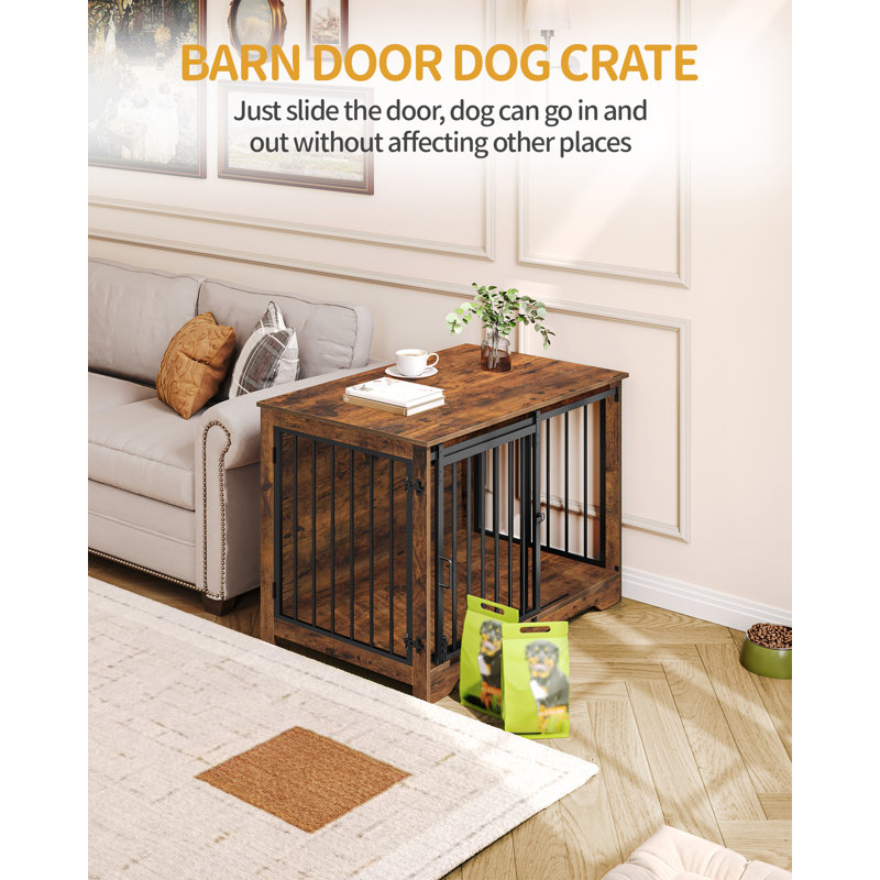 Dog Crate Furniture, Double Door Wooden Dog Crate with Barn Door, Indoor Kennel, End Side Table Animal Crates for Small Medium Large Dogs, Anti-Chew Anti-Escape