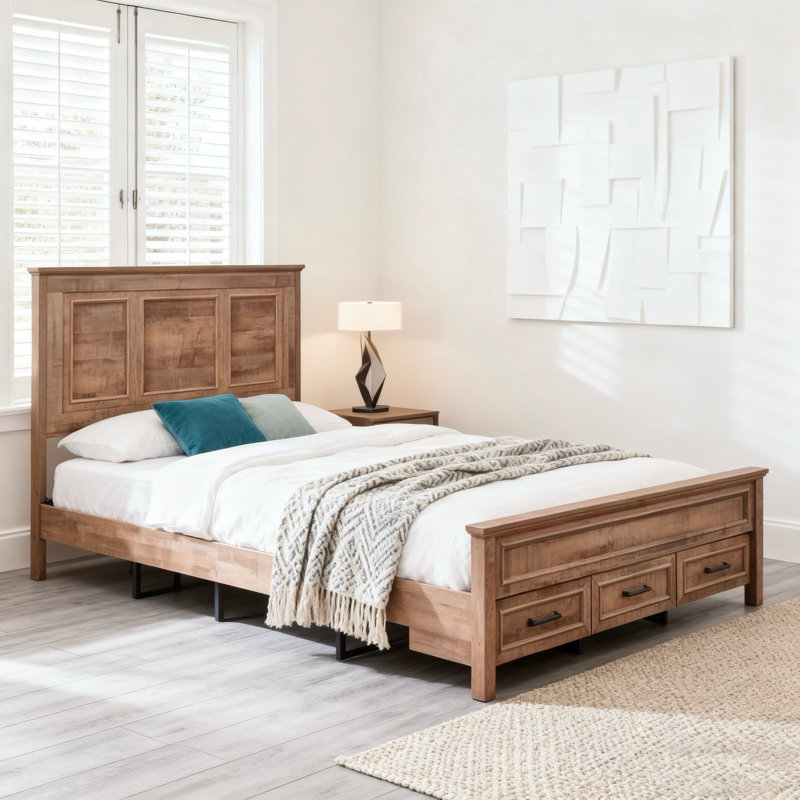 Farmhouse Platform Bedframe, Wood Bed Frame With 52" Tall Headboard, Light Brown, Queen