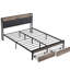 Grand lit en métal avec tête de lit tapissier et rangement - Pas de sommier tapissier, sous-espace, assemblage facile, poids de 70,71 lb, structure plate-forme au fini noir et gris, revêtement en métal, ressort, grand