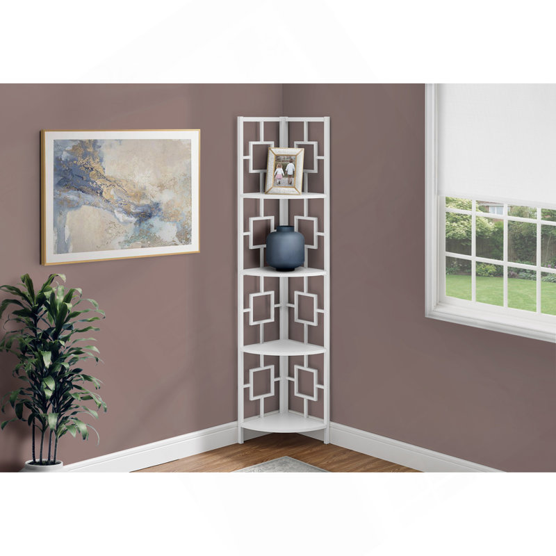 Bookshelf, Bookcase, Etagere, Corner, 4 Tier, 62"H, Office, Bedroom, White Laminate, White Metal, Contemporary, Modern, White
