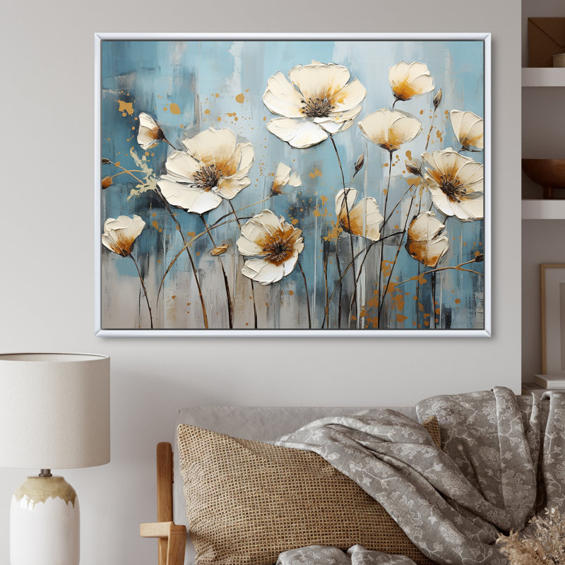 Minimalisme beige et boutons d'or sur fond bleu sur toile, Cadre flottant blanc, H 16 po x l 32 po