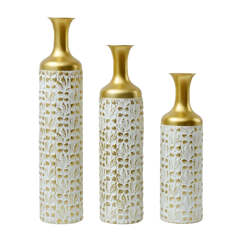 Aaleeya 3-Piece White & Gold Metal Floor Vase Set, Floral Relief, Elegant Entryway & Living Room Decor.