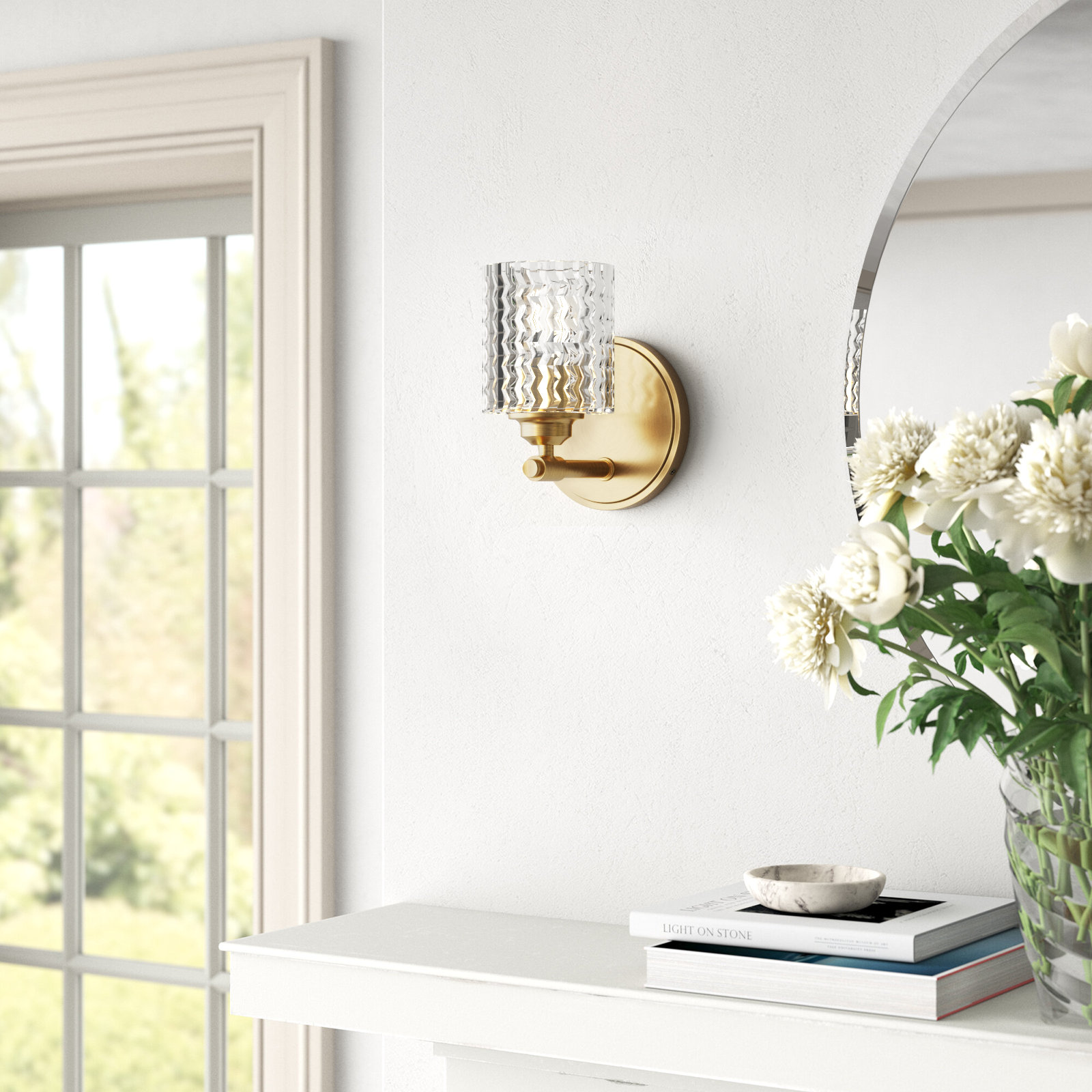 Single Light Glass Steel Dimmable Armed Sconce, Heritage Brass