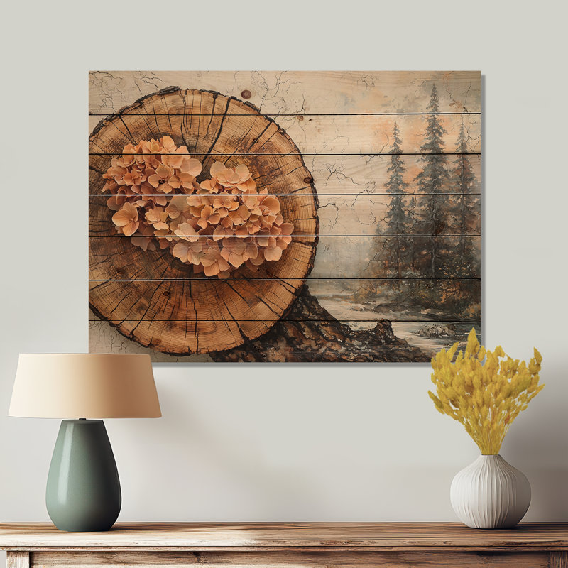 Forêt d'hortensias sur une glissoire en bois - décoration murale bois d'hortensia - sur bois de pin naturel