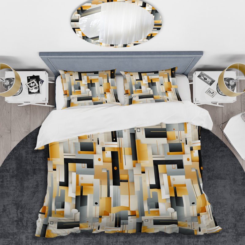 Ensemble de housse de couette géométrique jaune et gris Metropolitan, Housse de couette pour grand lit et 2 taies décor